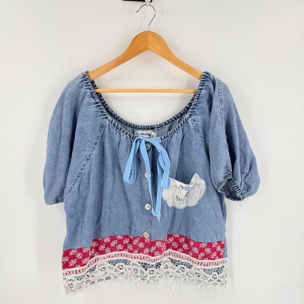 Simple Joy Denim Peasant Top Blue XXL Cottagecore Boho Lace Patchwork Top
